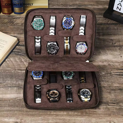 Men's Genuine Leather 2/4/6/8 Slots Watch Case - Travel Portable Watch Box Organizer