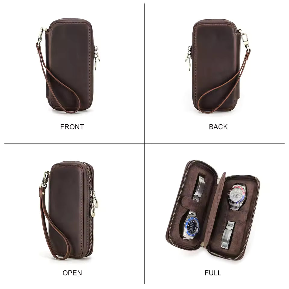 Men's Genuine Leather 2/4/6/8 Slots Watch Case - Travel Portable Watch Box Organizer