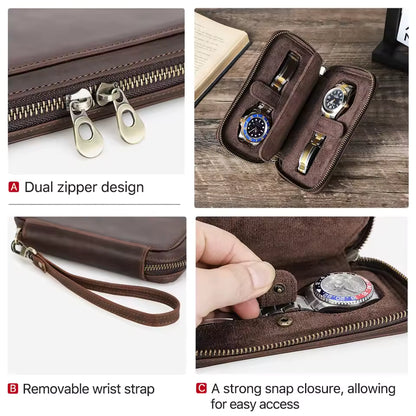 Men's Genuine Leather 2/4/6/8 Slots Watch Case - Travel Portable Watch Box Organizer
