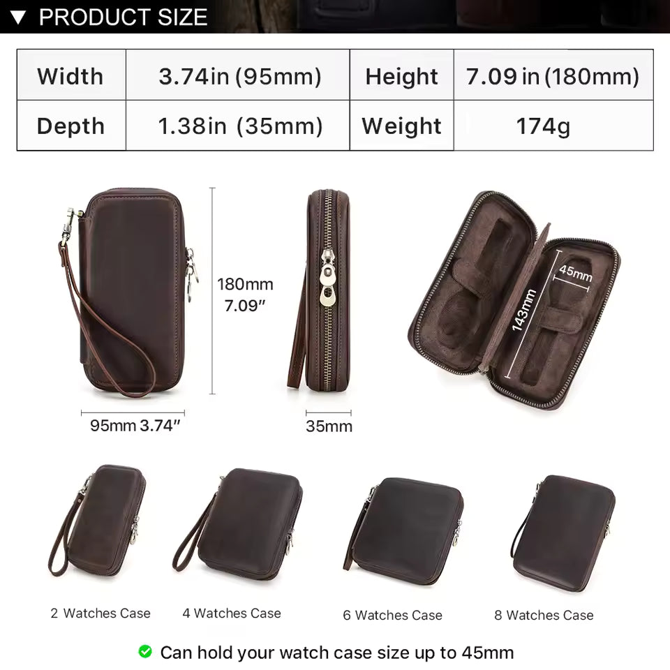 Men's Genuine Leather 2/4/6/8 Slots Watch Case - Travel Portable Watch Box Organizer