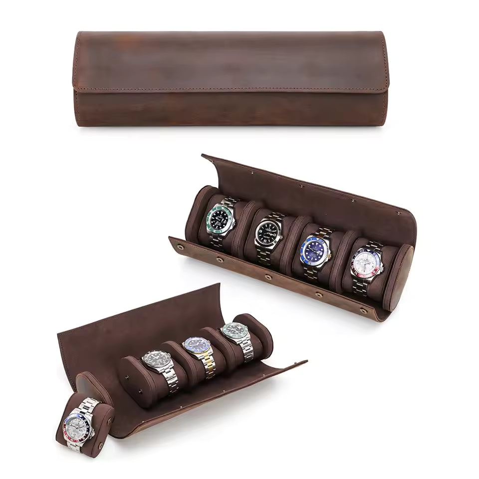 4-Slot Luxury Genuine Leather Watch Roll Case - Soft Protection Watch Organizer
