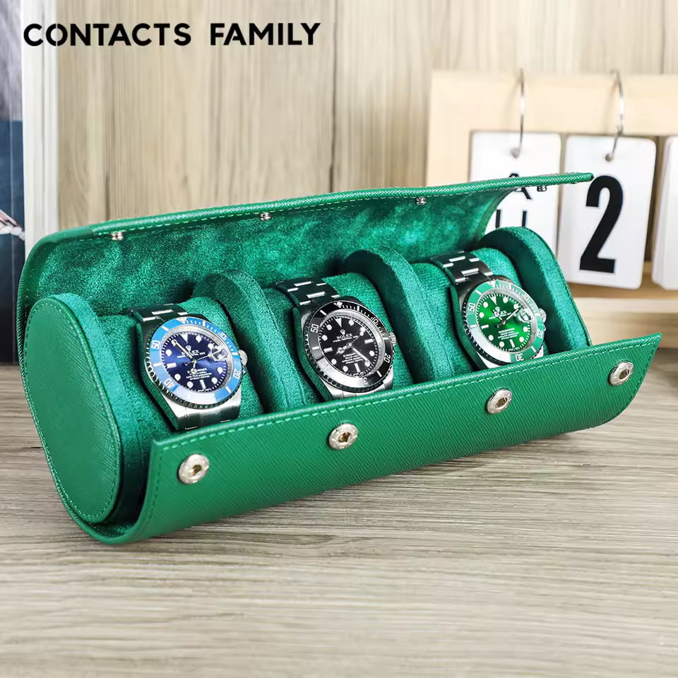 3-Slot Genuine Saffiano Leather Watch Roll Case - Luxury Portable Watch Organizer