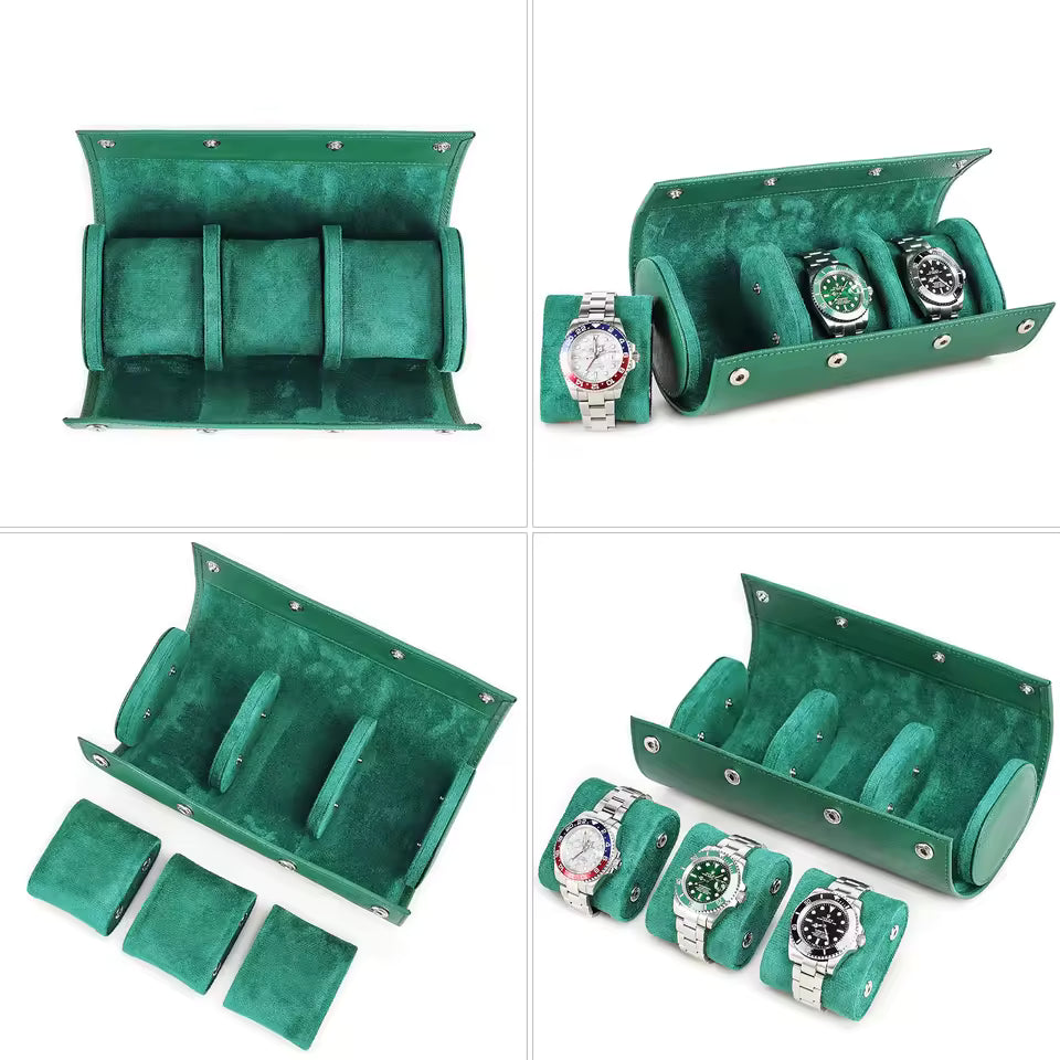 3-Slot Genuine Saffiano Leather Watch Roll Case - Luxury Portable Watch Organizer