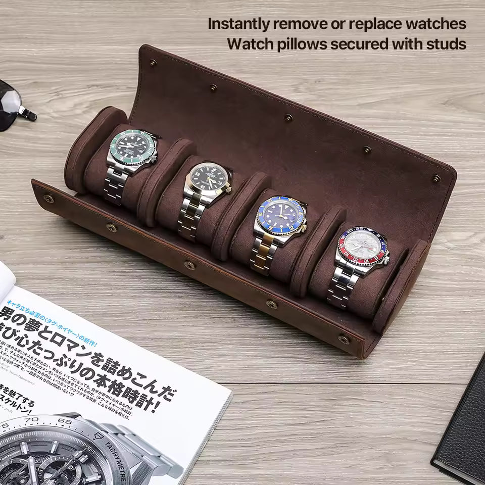 4-Slot Luxury Genuine Leather Watch Roll Case - Soft Protection Watch Organizer