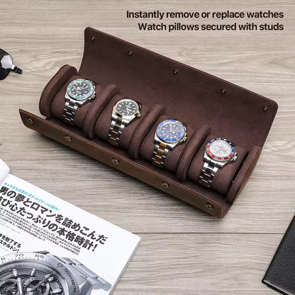 4-Slot Luxury Genuine Leather Watch Roll Case - Soft Protection Watch Organizer