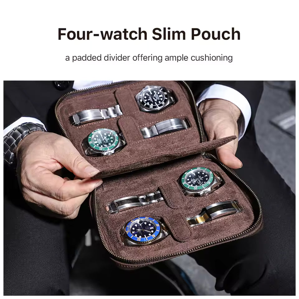 Men's Genuine Leather 2/4/6/8 Slots Watch Case - Travel Portable Watch Box Organizer