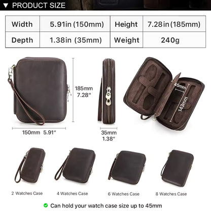 Men's Genuine Leather 2/4/6/8 Slots Watch Case - Travel Portable Watch Box Organizer