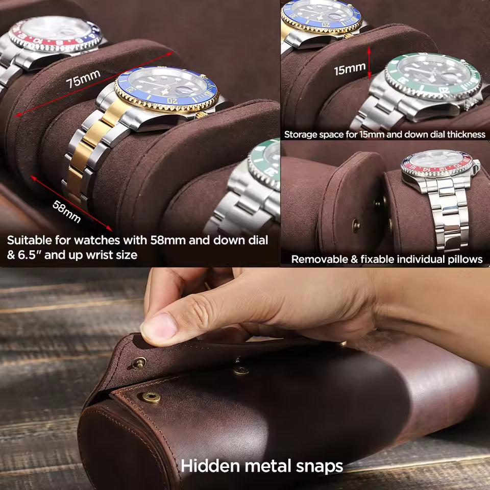4-Slot Luxury Genuine Leather Watch Roll Case - Soft Protection Watch Organizer