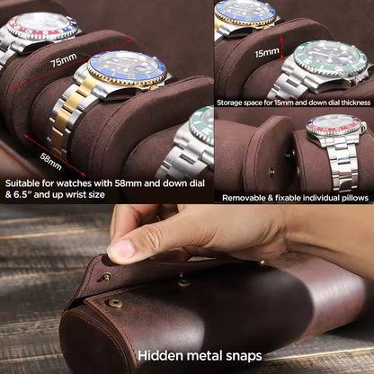 4-Slot Luxury Genuine Leather Watch Roll Case - Soft Protection Watch Organizer