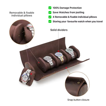 4-Slot Luxury Genuine Leather Watch Roll Case - Soft Protection Watch Organizer