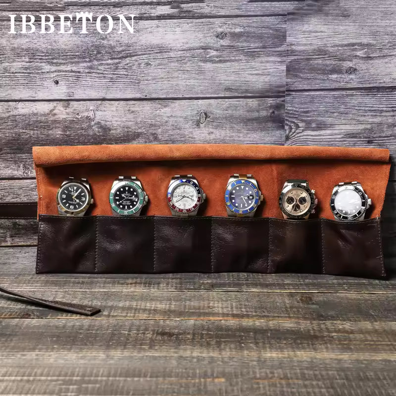 6-Slot Men's Vintage Leather Watch Roll Case