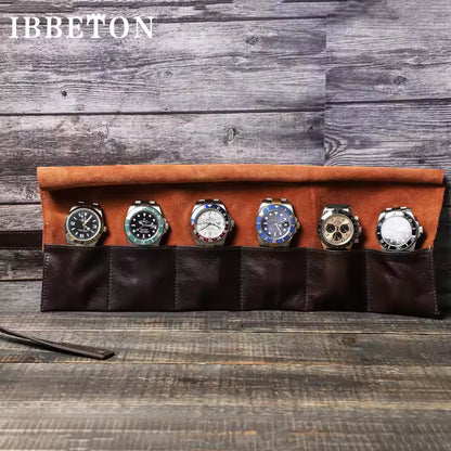 6-Slot Men's Vintage Leather Watch Roll Case
