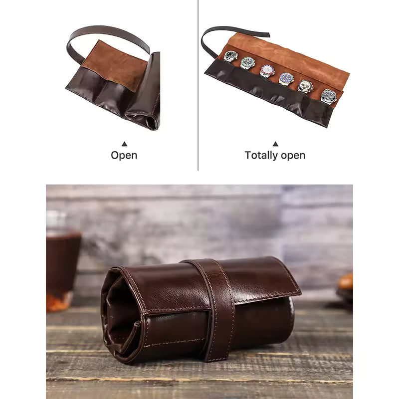 6-Slot Men's Vintage Leather Watch Roll Case