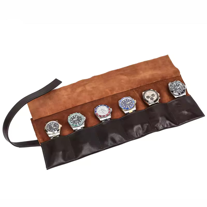6-Slot Men's Vintage Leather Watch Roll Case