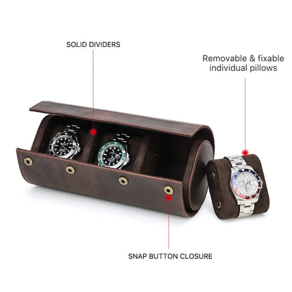 3 Slots Watch Roll Case in Crazy Horse Leather - Men's Watch Organizer and Jewelry Holder