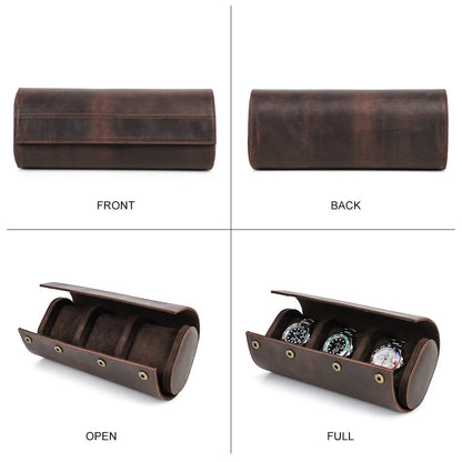 3 Slots Watch Roll Case in Crazy Horse Leather - Men's Watch Organizer and Jewelry Holder