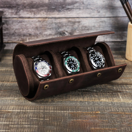 3 Slots Watch Roll Case in Crazy Horse Leather - Men's Watch Organizer and Jewelry Holder