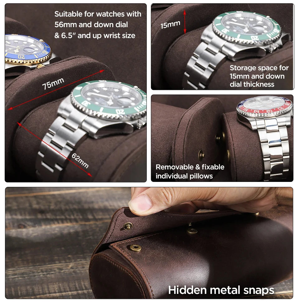 3 Slots Watch Roll Case in Crazy Horse Leather - Men's Watch Organizer and Jewelry Holder