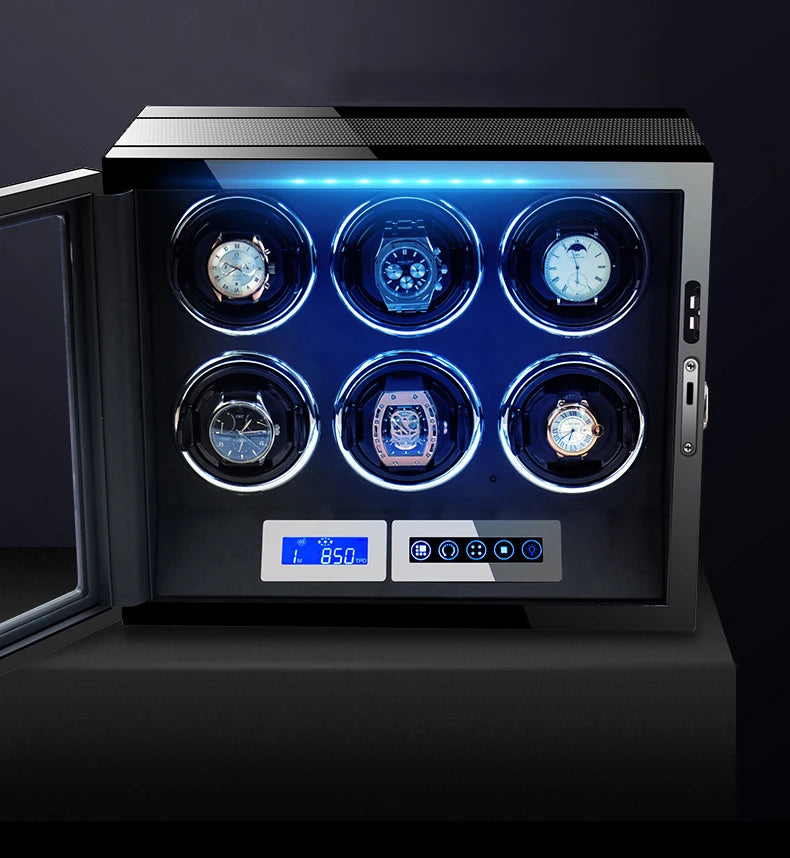 Luxury Fingerprint Unlock Watch Winder with LCD Touch Screen - Automatic Wooden Watch Storage Box