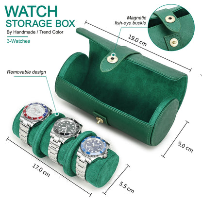 Top Green Saffiano Leather 3-Slot Watch Roll Case - Portable Travel Jewelry Organizer and Gift Box
