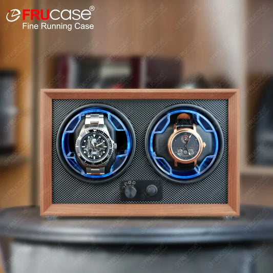 Double Watch Winder for Automatic Watches - Wood Grain Display Box with Light