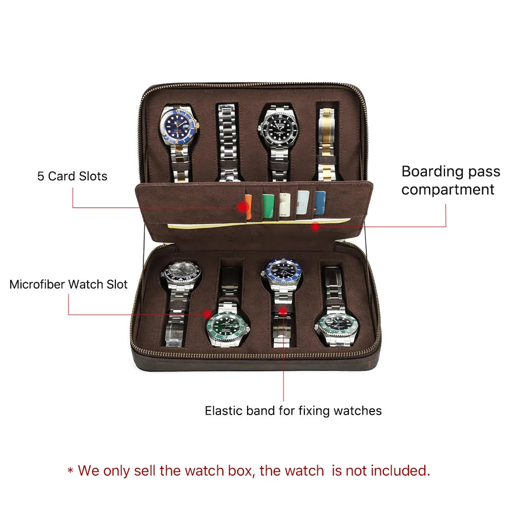 Handmade Genuine Leather Zipper Watch Box, Watch Case - 4/8 Slot Jewelry and Card Organizer