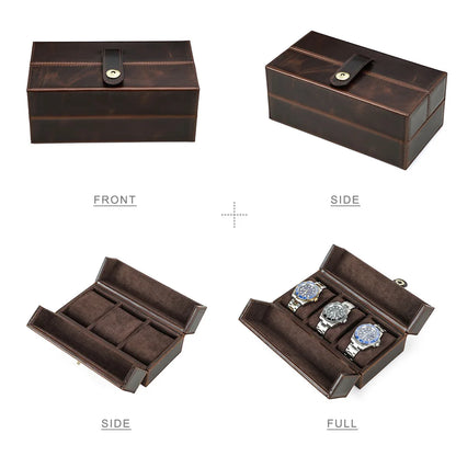 Retro Genuine Leather 3-Slot Luxury Watch Storage Case with Metal Button - Portable Travel Protector