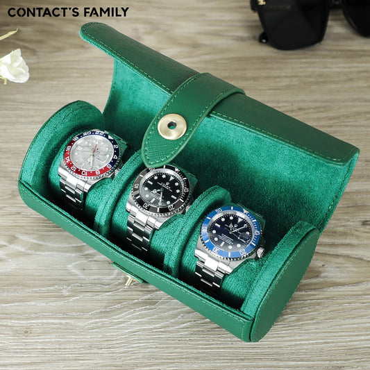 Top Green Saffiano Leather 3-Slot Watch Roll Case - Portable Travel Jewelry Organizer and Gift Box