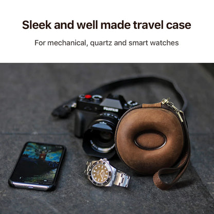 Portable Travel Single Watch Case - Genuine Leather Zipper Organizer with Coin Pocket