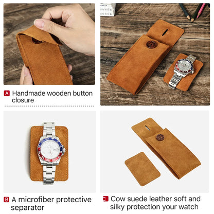 Soft Cow Suede Leather Watch Pouch with Inserts - Portable Travel Storage Watch Case for Men and Women (Available in 7 Colors)