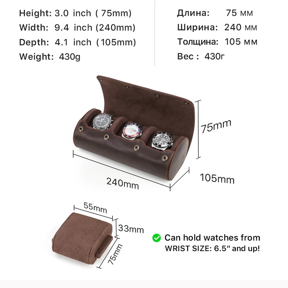 3-Slot Genuine Leather Watch Box - High-Quality Travel Storage and Gift Case for Men