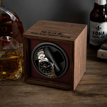 Vertical Wooden Watch Winder Box - Automatic Mechanical Watch Case with 3 Adjustable Gears