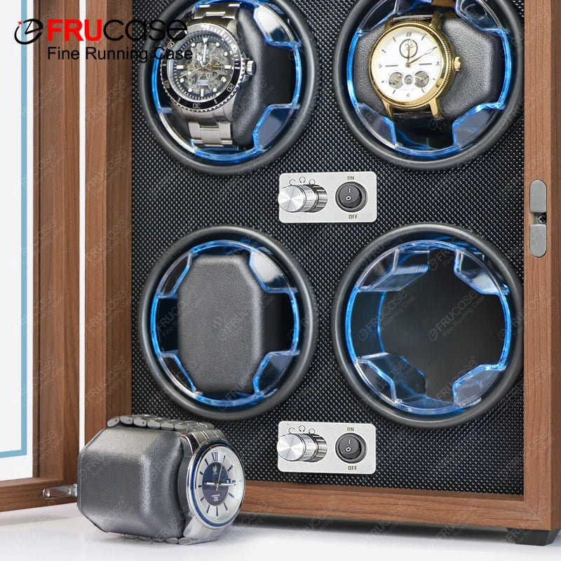 Wooden Watch Winder for 4 Automatic Watches - Wood Grain Display Box with Light