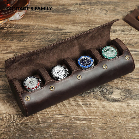 Premium Nubuck Leather 4-Slot Watch Travel Case and Multi-Functional Bracelet Display Organizer