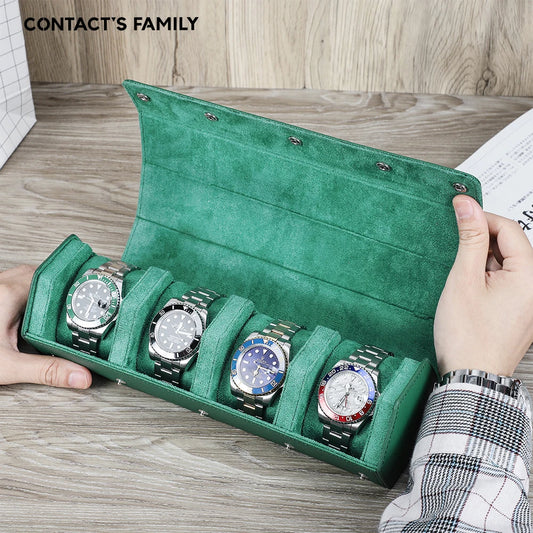 Genuine Leather 4-Slot Watch Travel Case - Portable Green Zipper Watch Box Organizer for Watches and Bracelets
