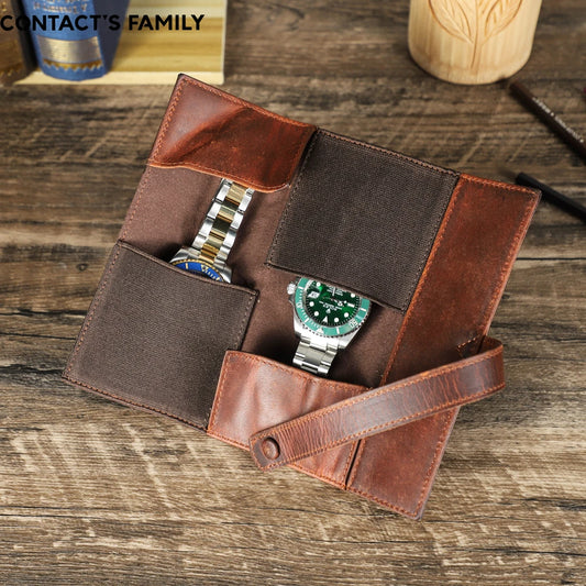 Full-Grain Oil Leather 2-Slot Watch Roll with Adjustable Case - Portable Travel Pouch with Metal Buckles and Microfiber Lining
