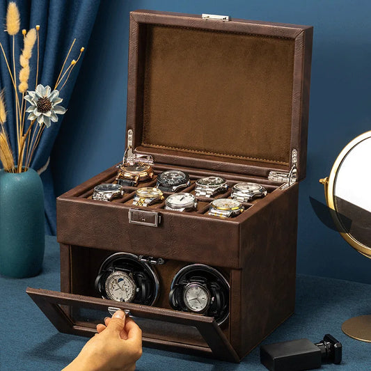 Double Layer Black Watch Winder for Mechanical Watches - Silent Automatic Rotator and Storage Display Box
