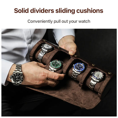 Premium Nubuck Leather 4-Slot Watch Travel Case and Multi-Functional Bracelet Display Organizer