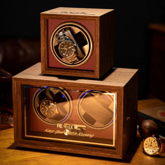 Vertical Wooden Watch Winder Box - Automatic Mechanical Watch Case with 3 Adjustable Gears