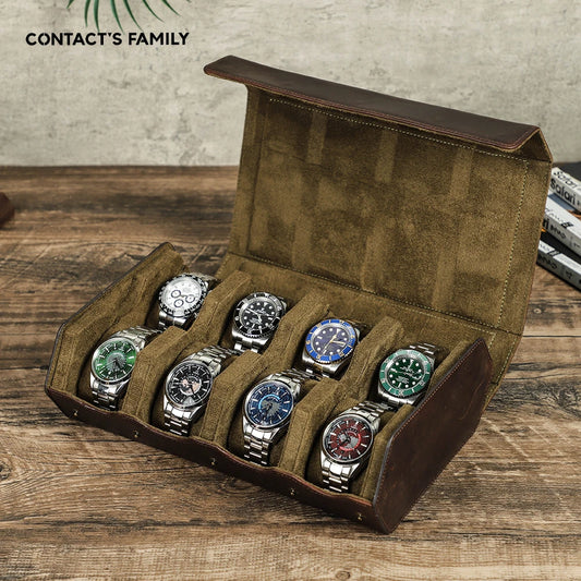 Luxury 8-Slot Watch Roll Case in Genuine Nubuck Leather - Men's Travel Storage and Display Organizer
