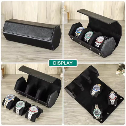 Saffiano Genuine Leather 3-Slot Watch Roll Case - Portable Hexagon Watch Storage Box