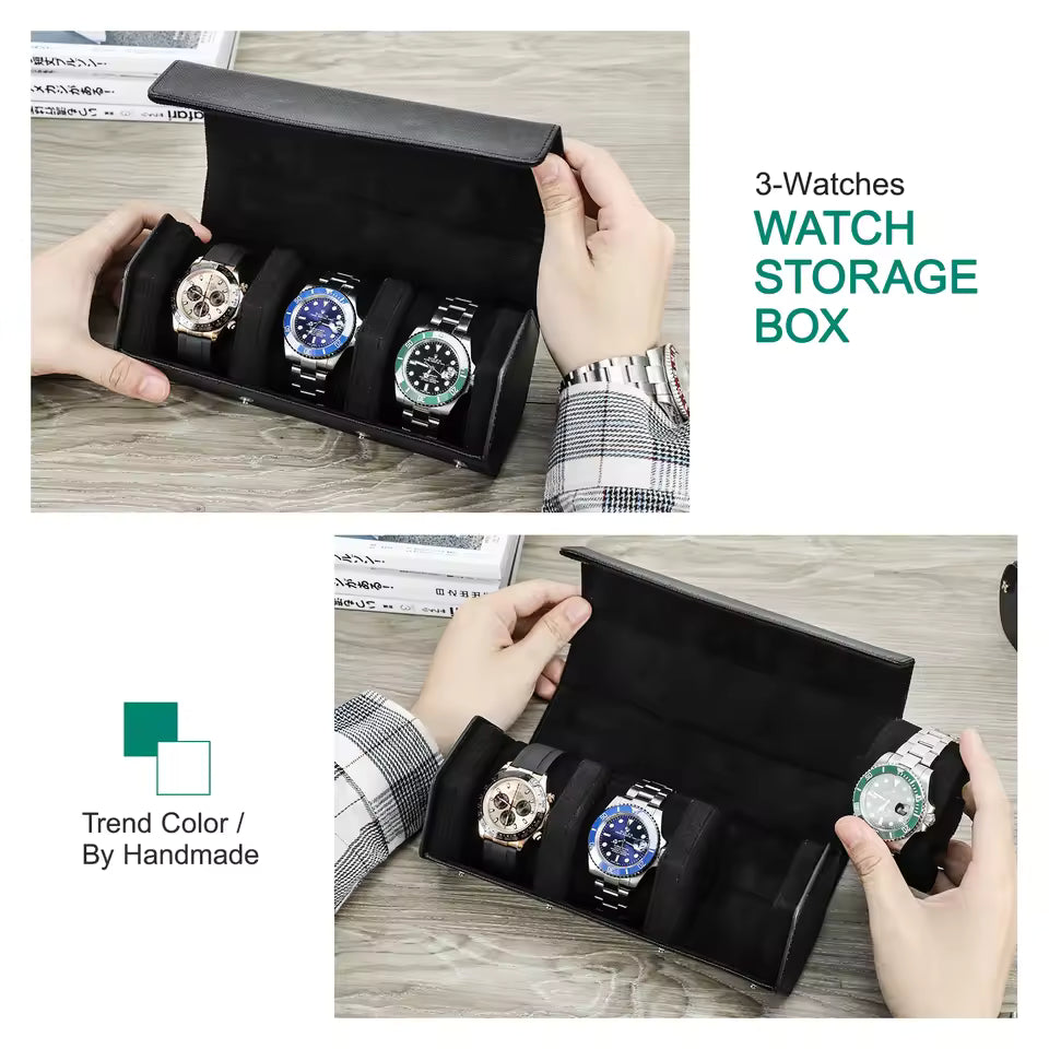Saffiano Genuine Leather 3-Slot Watch Roll Case - Portable Hexagon Watch Storage Box