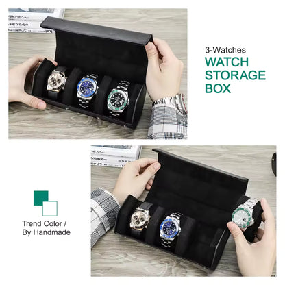 Saffiano Genuine Leather 3-Slot Watch Roll Case - Portable Hexagon Watch Storage Box
