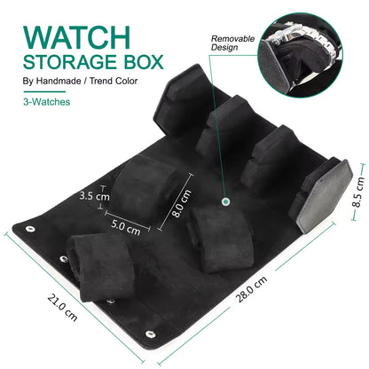 Saffiano Genuine Leather 3-Slot Watch Roll Case - Portable Hexagon Watch Storage Box