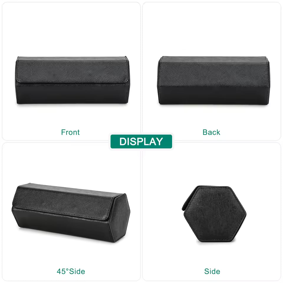 Saffiano Genuine Leather 3-Slot Watch Roll Case - Portable Hexagon Watch Storage Box
