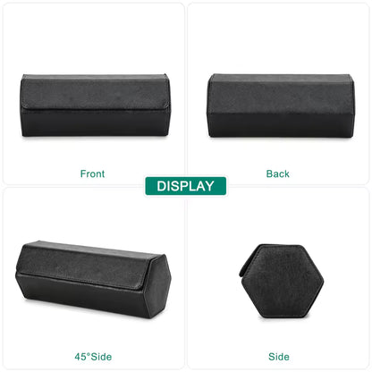 Saffiano Genuine Leather 3-Slot Watch Roll Case - Portable Hexagon Watch Storage Box