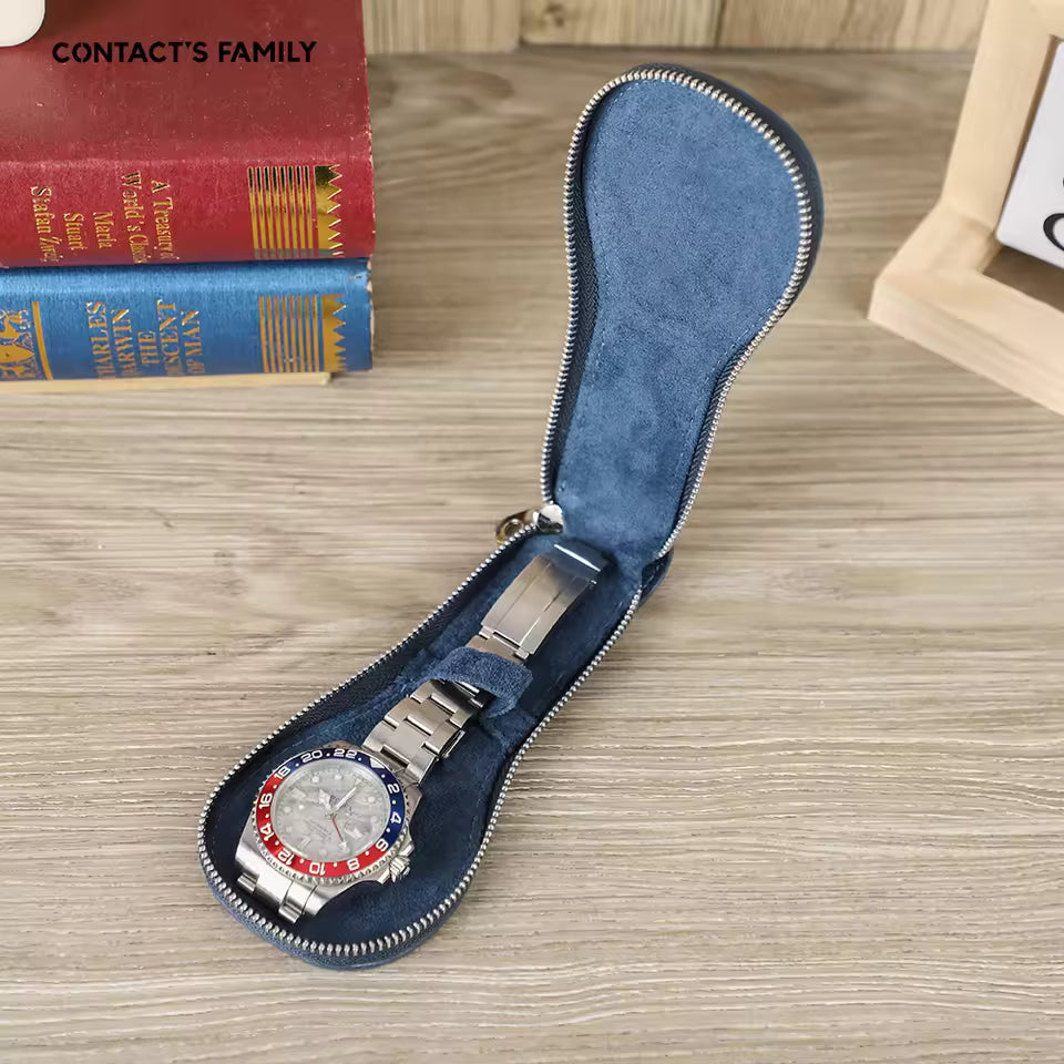 Genuine Saffiano Leather Single Slot Watch Case with Zipper - Portable Travel Watch Organizer