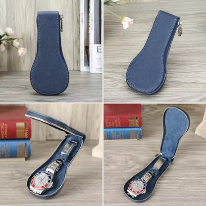 Genuine Saffiano Leather Single Slot Watch Case with Zipper - Portable Travel Watch Organizer