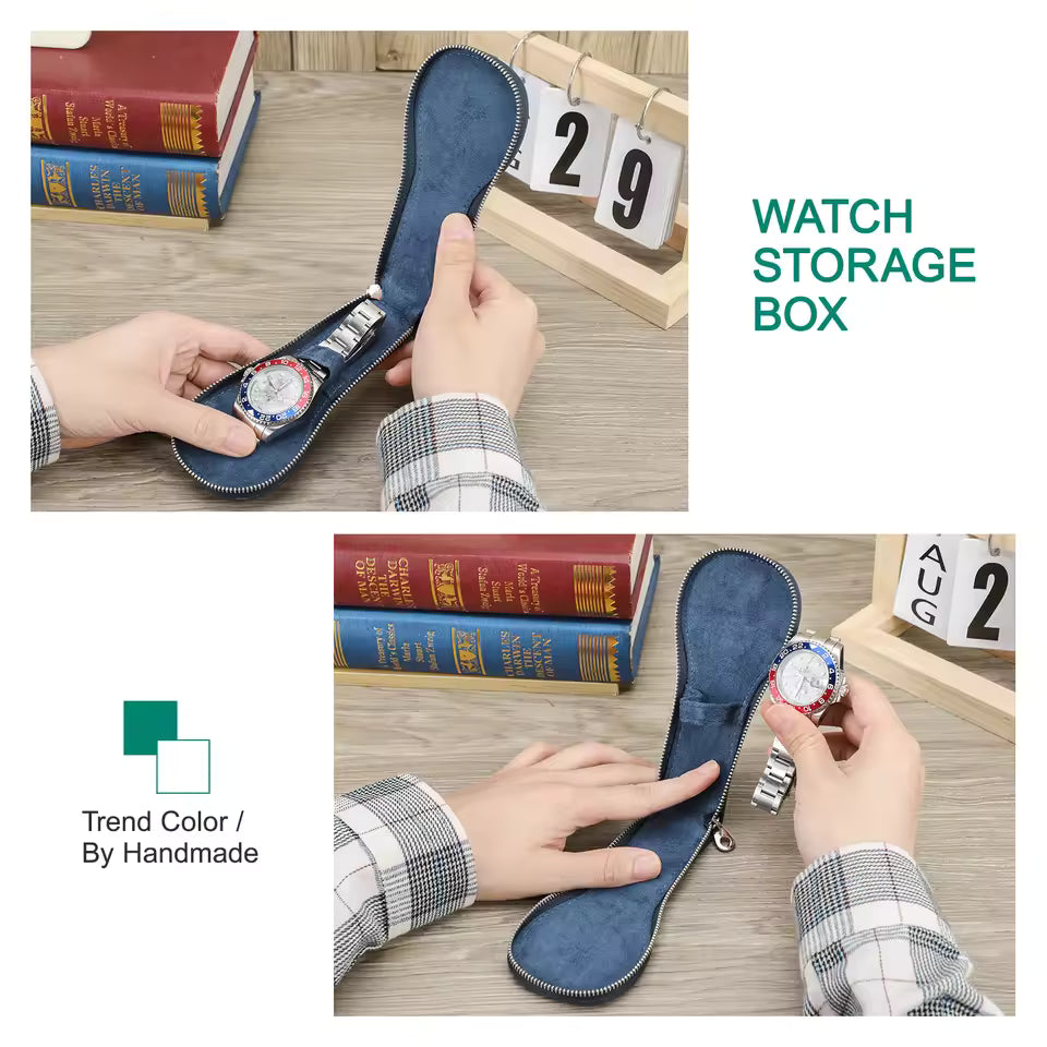 Genuine Saffiano Leather Single Slot Watch Case with Zipper - Portable Travel Watch Organizer