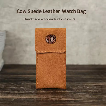 Cow Suede Leather Single Slot Snap Watch Case - Anti-Dust Watch Pouch for Men & Women